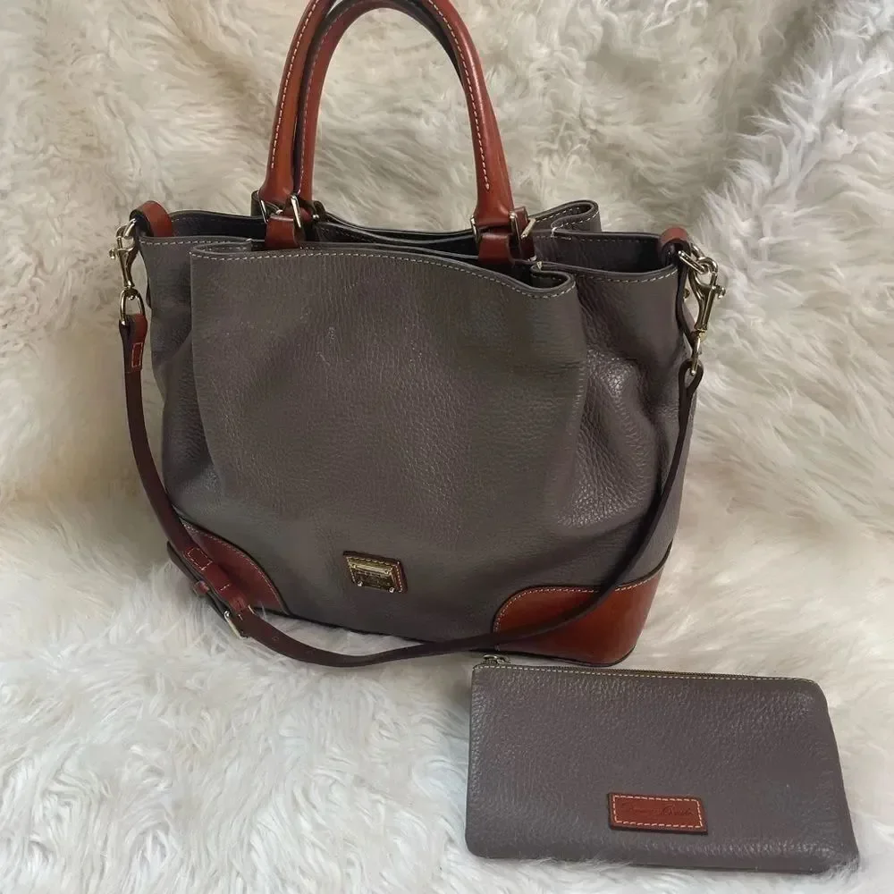 Dooney & Bourke Brenna Gray pebble Leather satchel tanTrim & Strap bonus pouch.